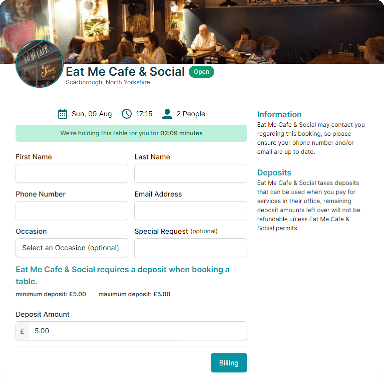 Booking screen for Eat Me Cafe & Social